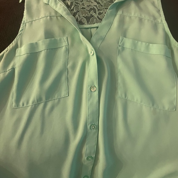 Mint green Express blouse tank. Lace. Button up. - Picture 2 of 5